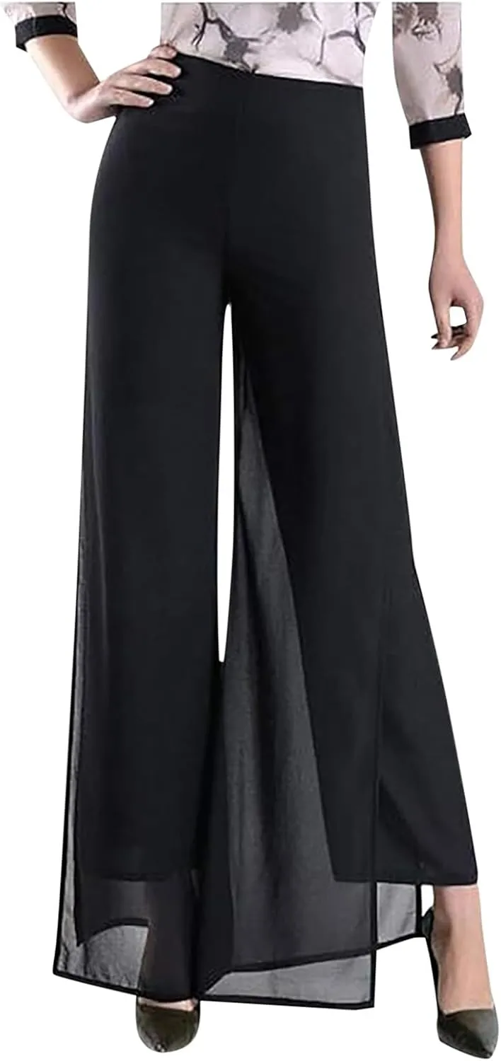 Women's Lightweight Chiffon High Elastic Waist Flowing Trousers Flared Straight Leg Wedding Cocktail Culottes
