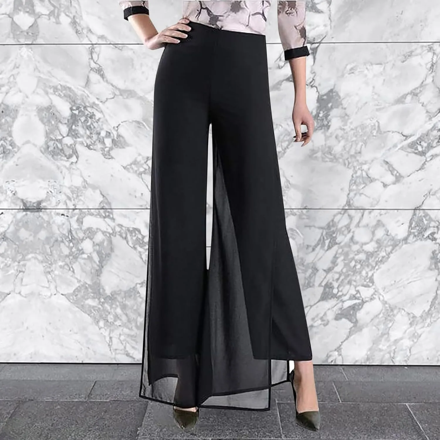 Women's Lightweight Chiffon High Elastic Waist Flowing Trousers Flared Straight Leg Wedding Cocktail Culottes