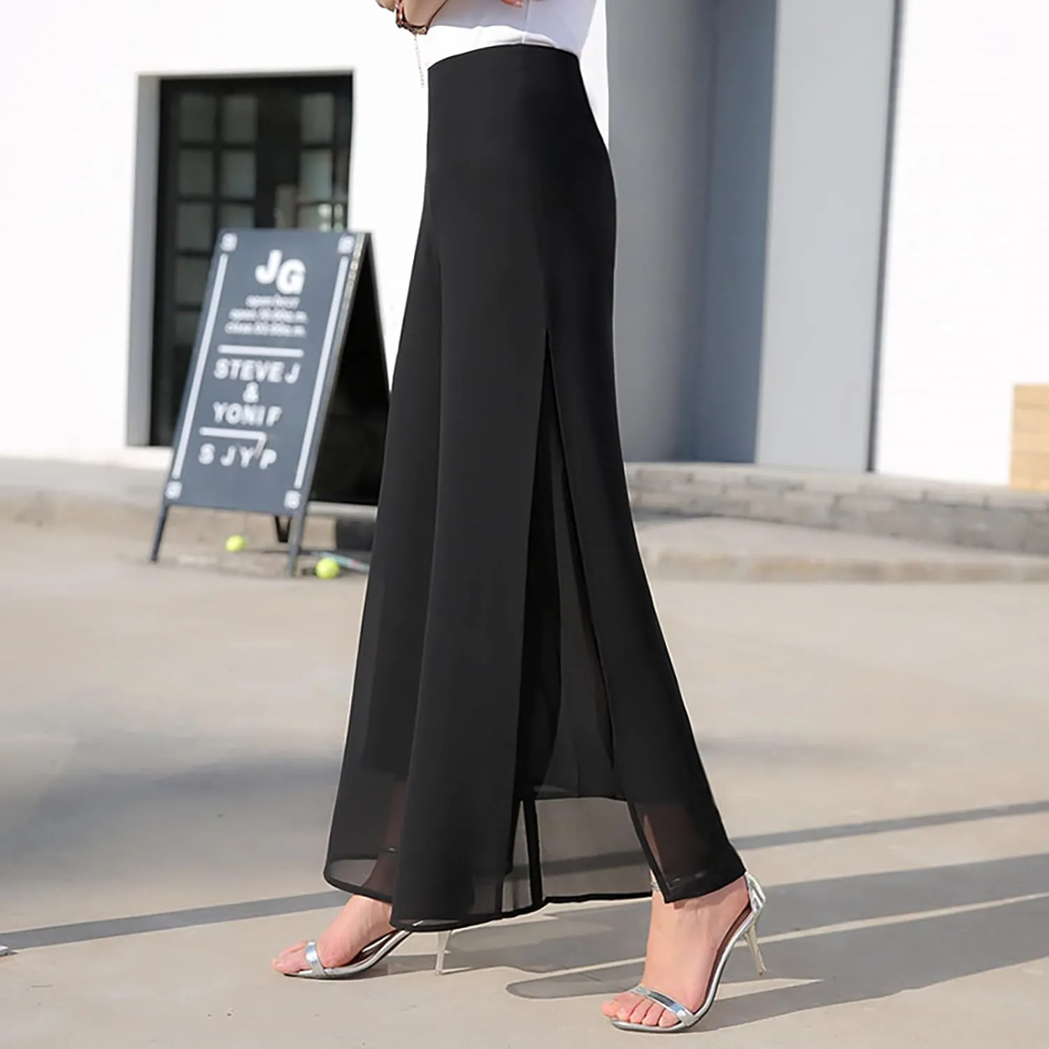Women's Lightweight Chiffon High Elastic Waist Flowing Trousers Flared Straight Leg Wedding Cocktail Culottes