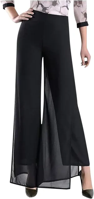 Women's Lightweight Chiffon High Elastic Waist Flowing Trousers Flared Straight Leg Wedding Cocktail Culottes
