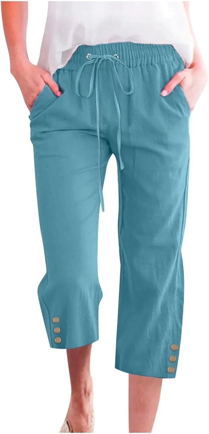 Womens Linen Boho Capris Pants Fashion Drawstring Elastic Trousers Comfy Straight Leg Long Womens Capris for Summer