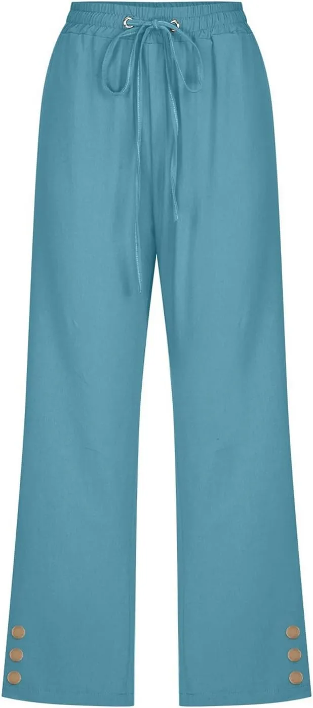 Womens Linen Boho Capris Pants Fashion Drawstring Elastic Trousers Comfy Straight Leg Long Womens Capris for Summer