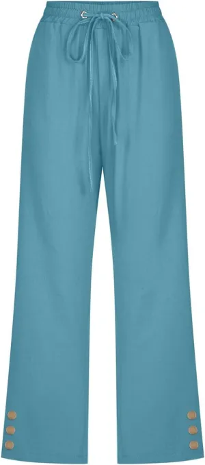 Womens Linen Boho Capris Pants Fashion Drawstring Elastic Trousers Comfy Straight Leg Long Womens Capris for Summer