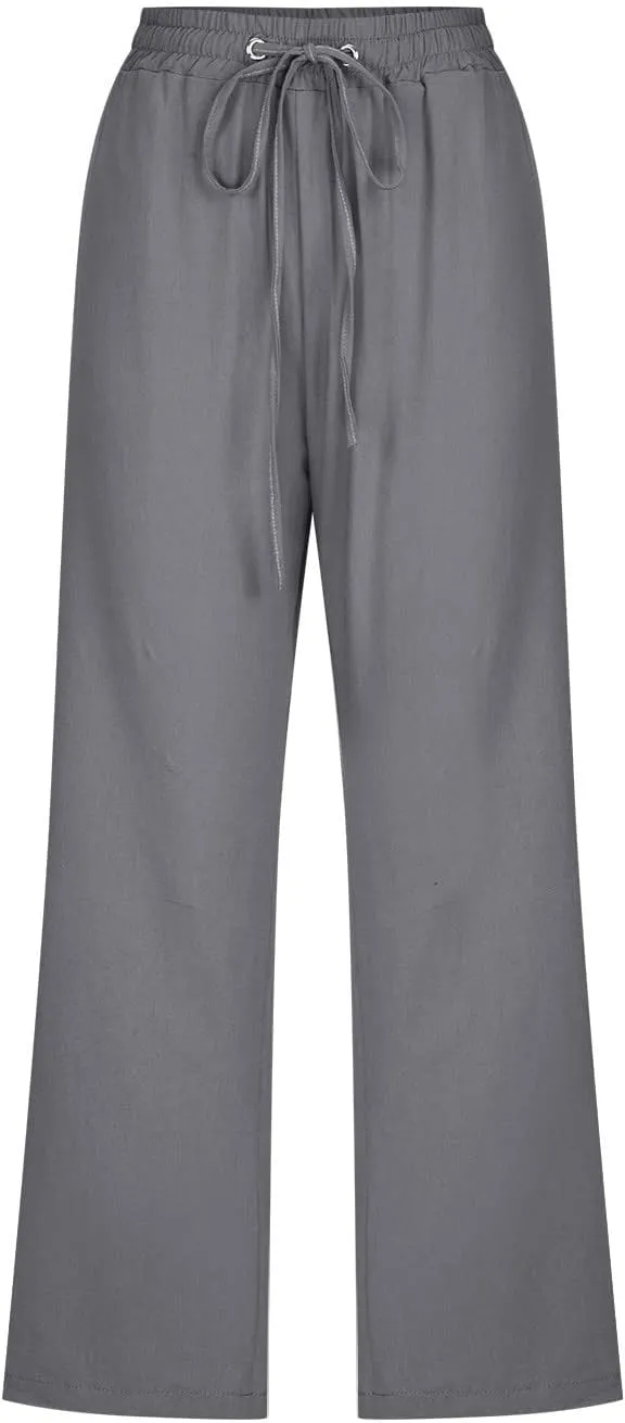 Womens Linen Capri Pants 2024 Summer Casual High Waist Elastic Drawstring Loose Soft Pockets Wide Leg Crop Trousers