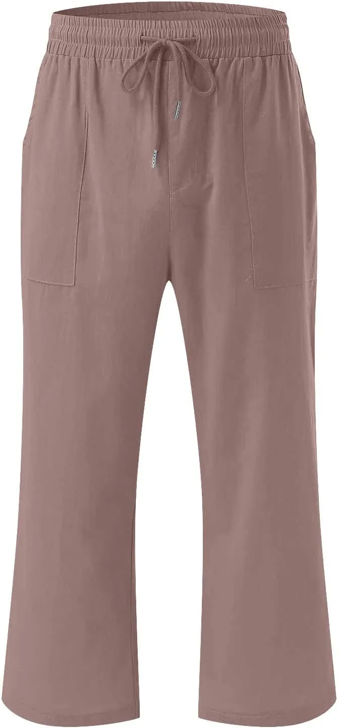 Womens Linen Capri Pants 2024 Summer Casual High Waist Elastic Drawstring Loose Soft Pockets Wide Leg Crop Trousers