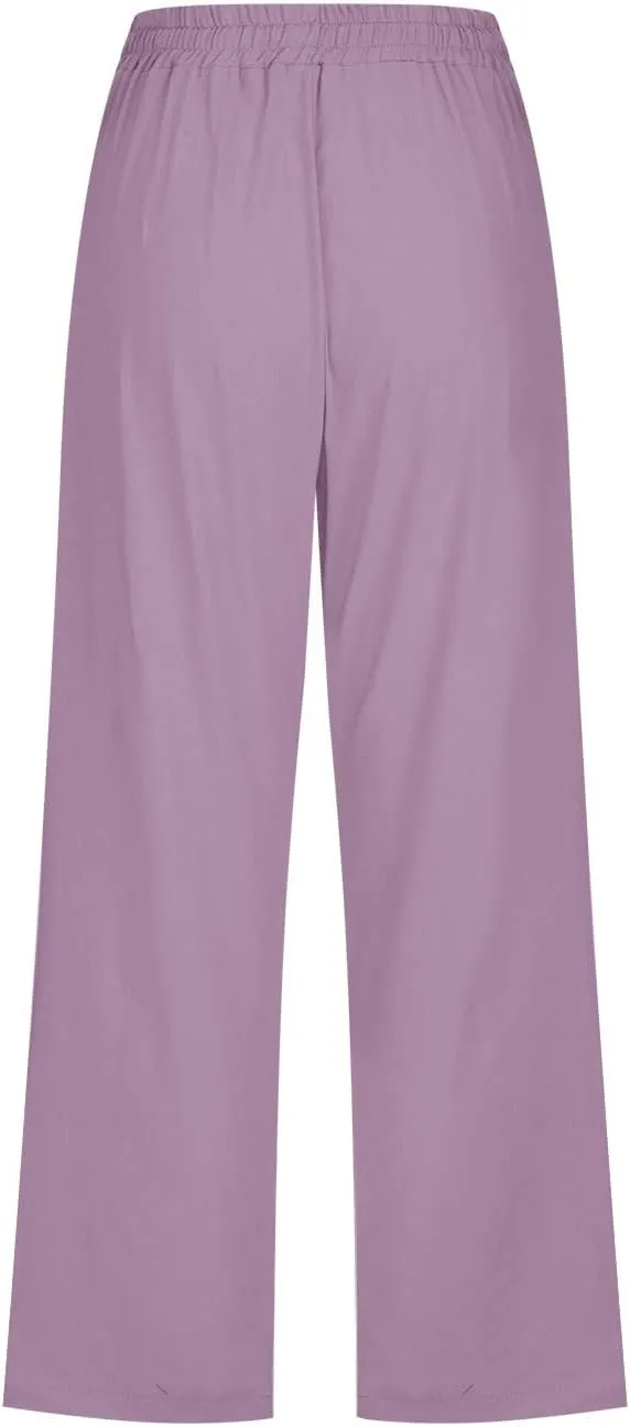 Womens Linen Capri Pants 2024 Summer Casual High Waist Elastic Drawstring Loose Soft Pockets Wide Leg Crop Trousers