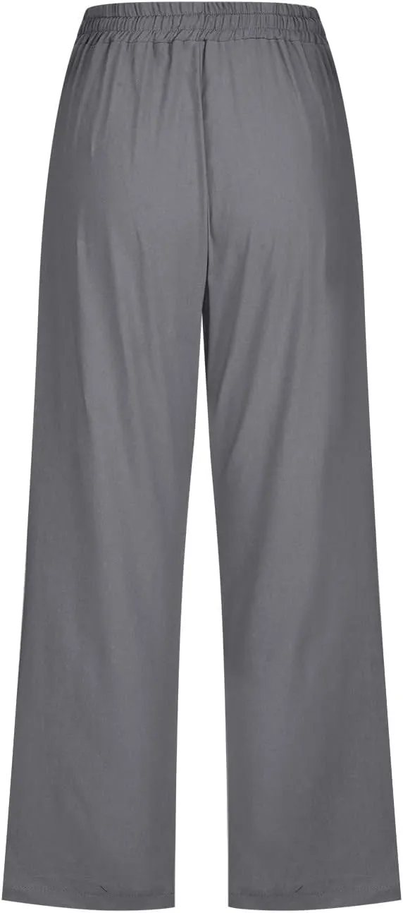 Womens Linen Capri Pants 2024 Summer Casual High Waist Elastic Drawstring Loose Soft Pockets Wide Leg Crop Trousers