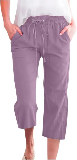 Womens Linen Capri Pants 2024 Summer Casual High Waist Elastic Drawstring Loose Soft Pockets Wide Leg Crop Trousers