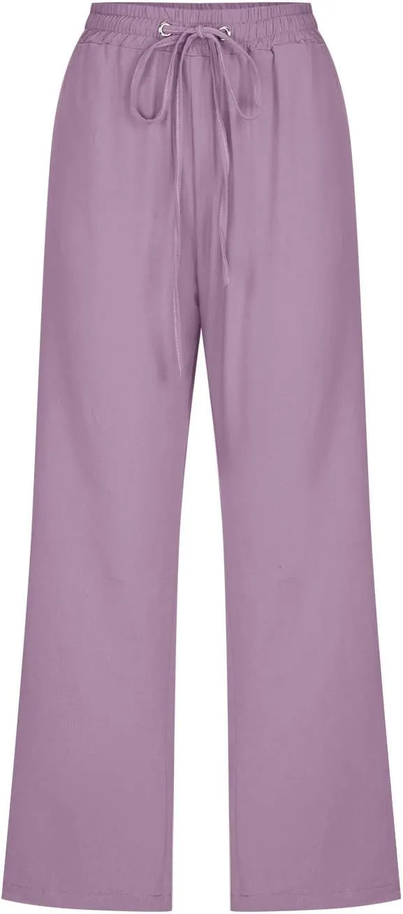 Womens Linen Capri Pants 2024 Summer Casual High Waist Elastic Drawstring Loose Soft Pockets Wide Leg Crop Trousers