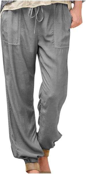 Women's Linen Casual Pants Drawstring Elastic Waist Straight Leg Loose Cinch Bottom Trousers Sweatpants with Pockets