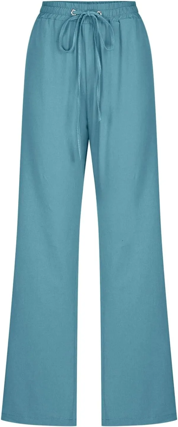 Womens Linen Pants 2024 Summer Casual Pants Drawstring Elastic Waist Trousers Pockets Lounge Fashion Straight Pants