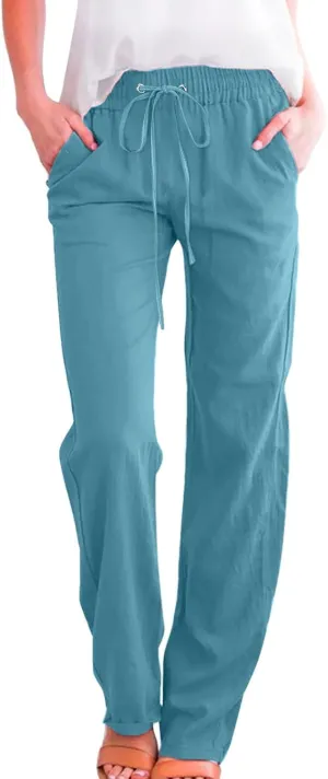 Womens Linen Pants 2024 Summer Casual Pants Drawstring Elastic Waist Trousers Pockets Lounge Fashion Straight Pants