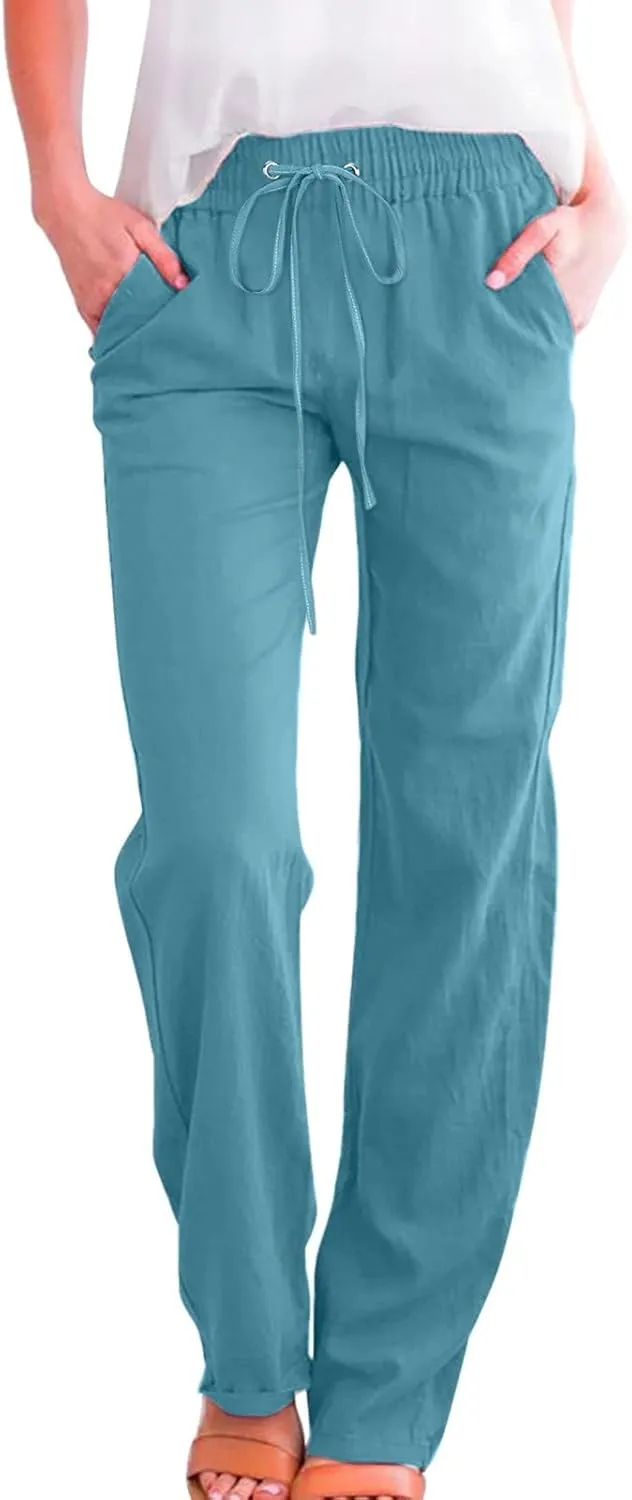 Womens Linen Pants 2024 Summer Casual Pants Drawstring Elastic Waist Trousers Pockets Lounge Fashion Straight Pants