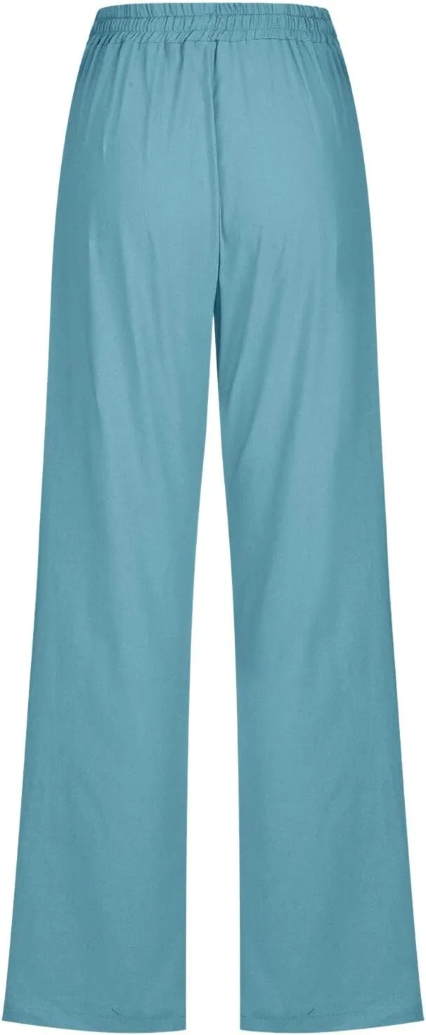 Womens Linen Pants 2024 Summer Casual Pants Drawstring Elastic Waist Trousers Pockets Lounge Fashion Straight Pants