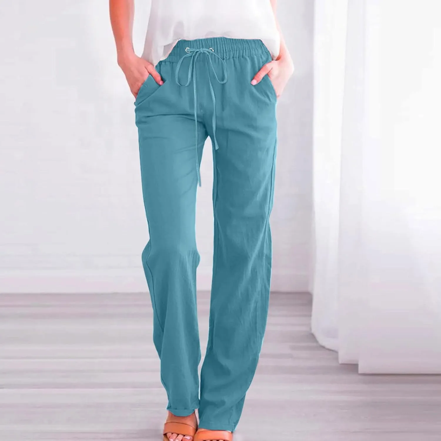 Womens Linen Pants 2024 Summer Casual Pants Drawstring Elastic Waist Trousers Pockets Lounge Fashion Straight Pants