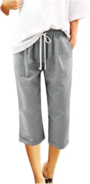 Women's Linen Pants Lightweight Capri Pants Cotton Elastic Waist Trousers Casual Travel Vacation Lounge Trousers
