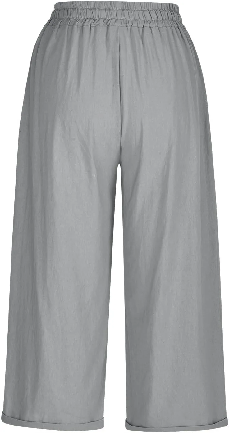 Women's Linen Pants Lightweight Capri Pants Cotton Elastic Waist Trousers Casual Travel Vacation Lounge Trousers