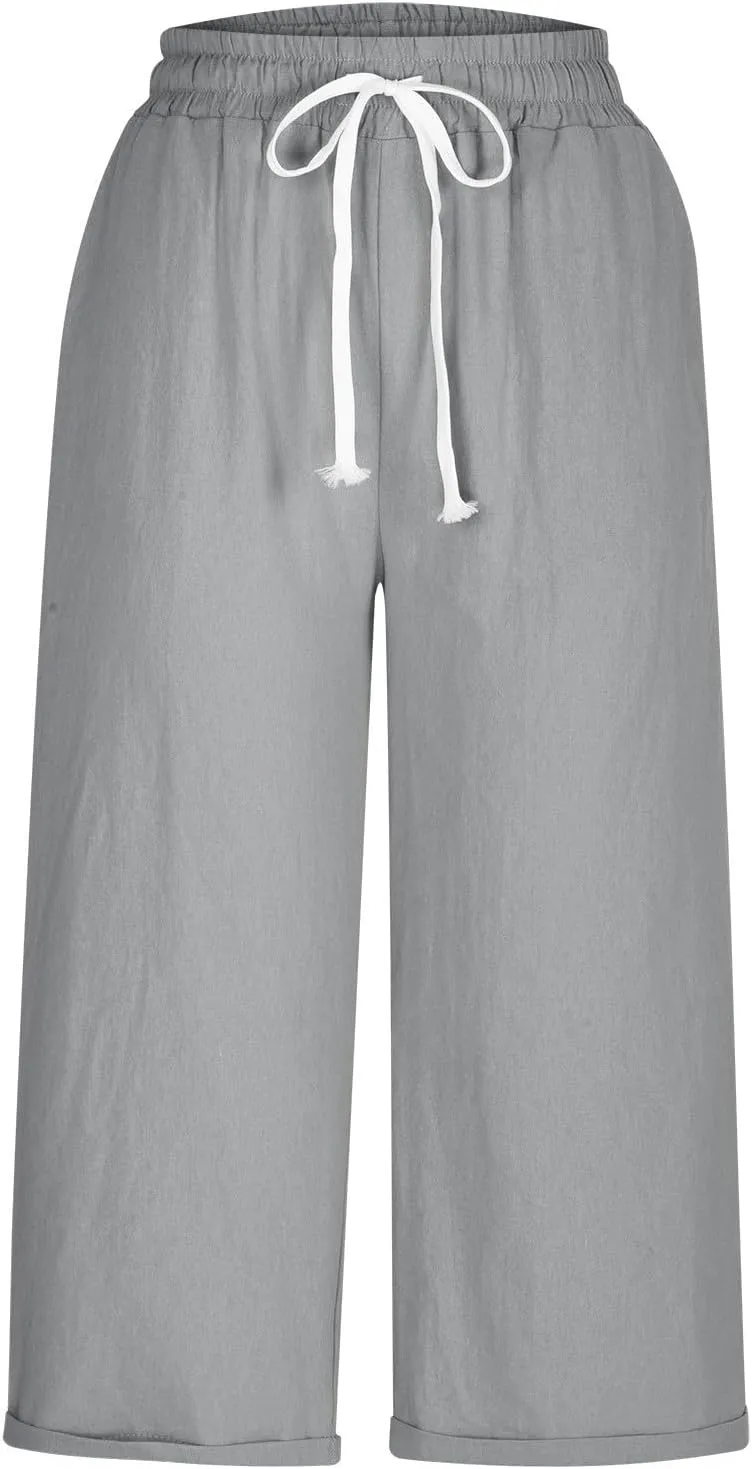 Women's Linen Pants Lightweight Capri Pants Cotton Elastic Waist Trousers Casual Travel Vacation Lounge Trousers