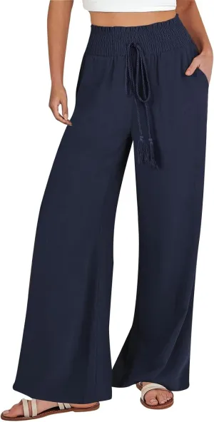 Womens Linen Summer Loose Pant Trousers High Waist Straight Slim Fit Palazzo Lounge Pants Vacation