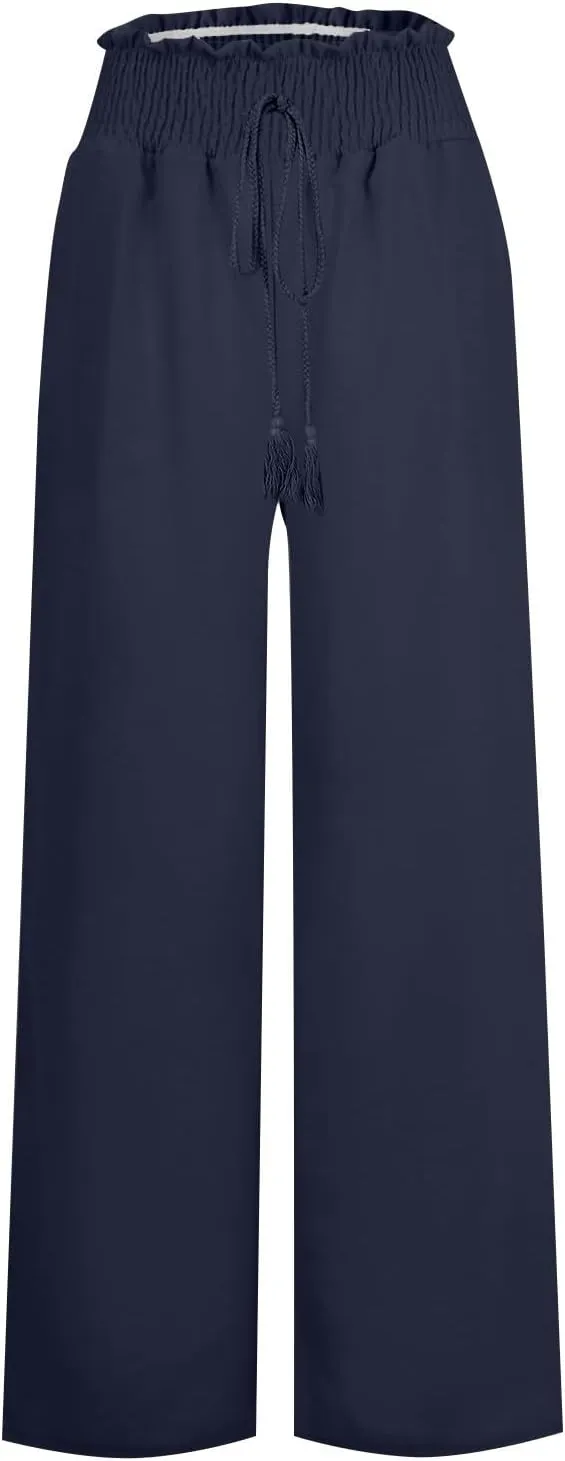 Womens Linen Summer Loose Pant Trousers High Waist Straight Slim Fit Palazzo Lounge Pants Vacation