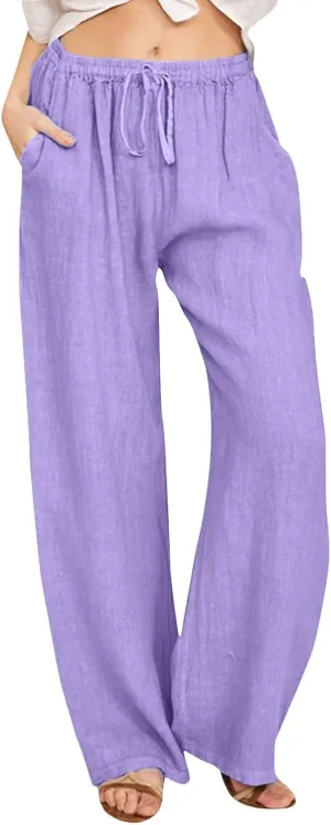 Womens Linen Summer Solid Palazzo Lounge Pants Low Waist Stretchy Loose Fit Trousers Work Business