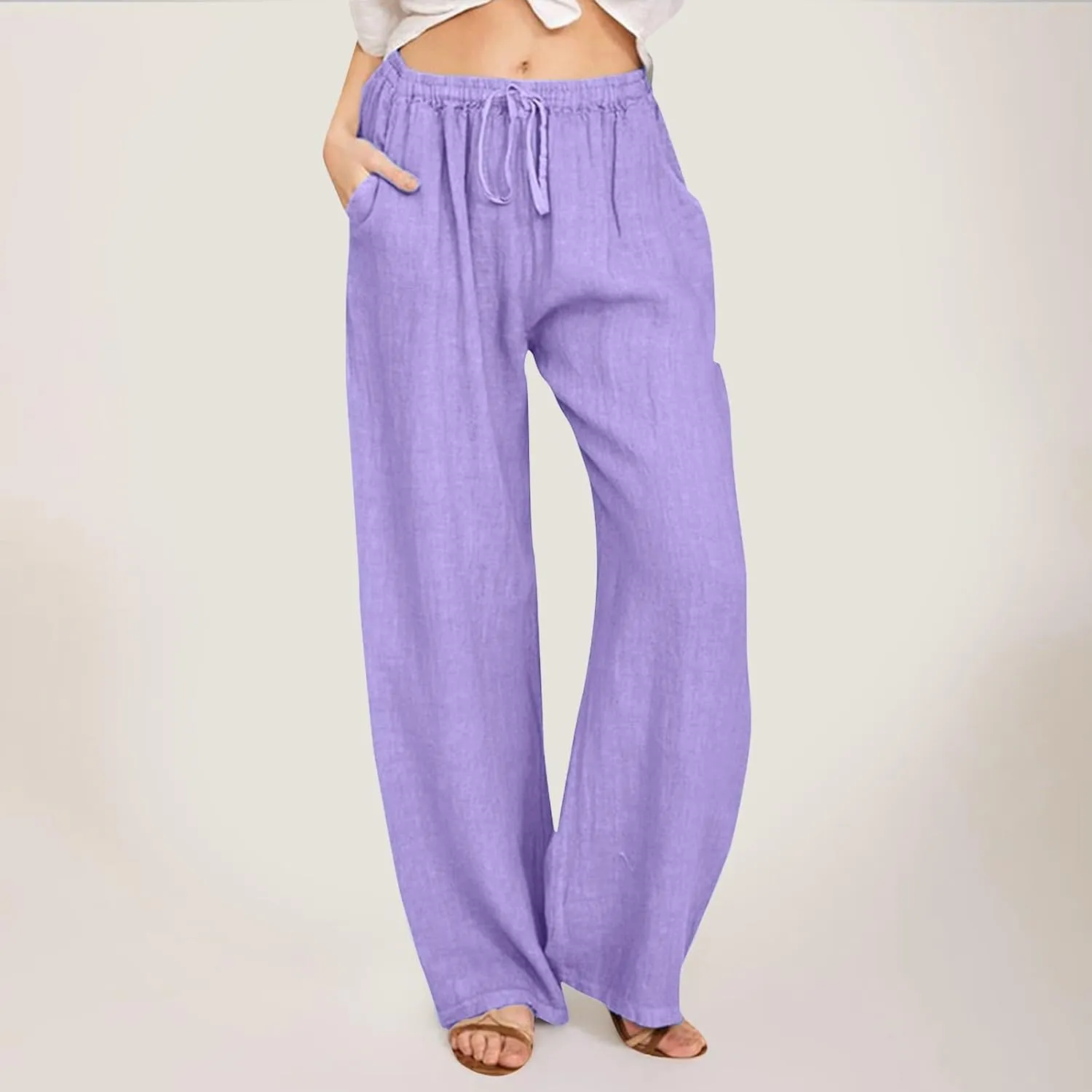 Womens Linen Summer Solid Palazzo Lounge Pants Low Waist Stretchy Loose Fit Trousers Work Business