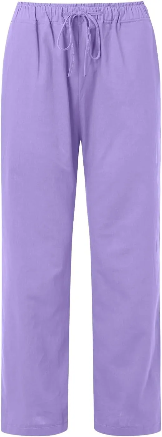 Womens Linen Summer Solid Palazzo Lounge Pants Low Waist Stretchy Loose Fit Trousers Work Business