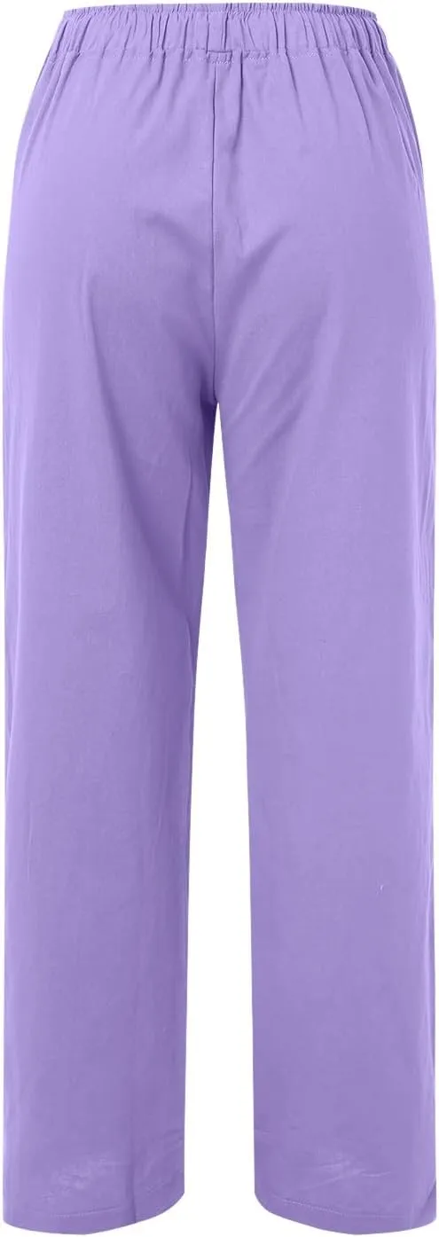 Womens Linen Summer Solid Palazzo Lounge Pants Low Waist Stretchy Loose Fit Trousers Work Business