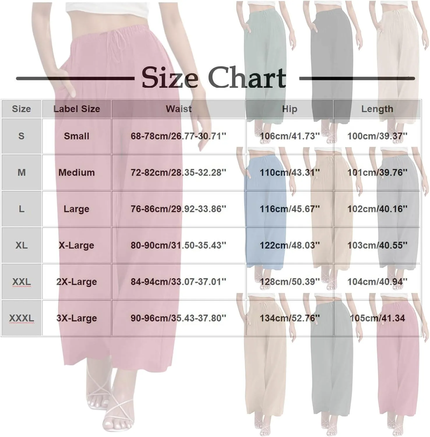 Womens Linen Wide Leg Pants Elastic High Waist Casual Pant Drawstring Loose Flowy Palazzo Trousers with Pockets