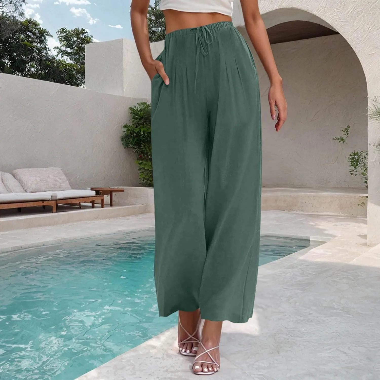 Womens Linen Wide Leg Pants Elastic High Waist Casual Pant Drawstring Loose Flowy Palazzo Trousers with Pockets