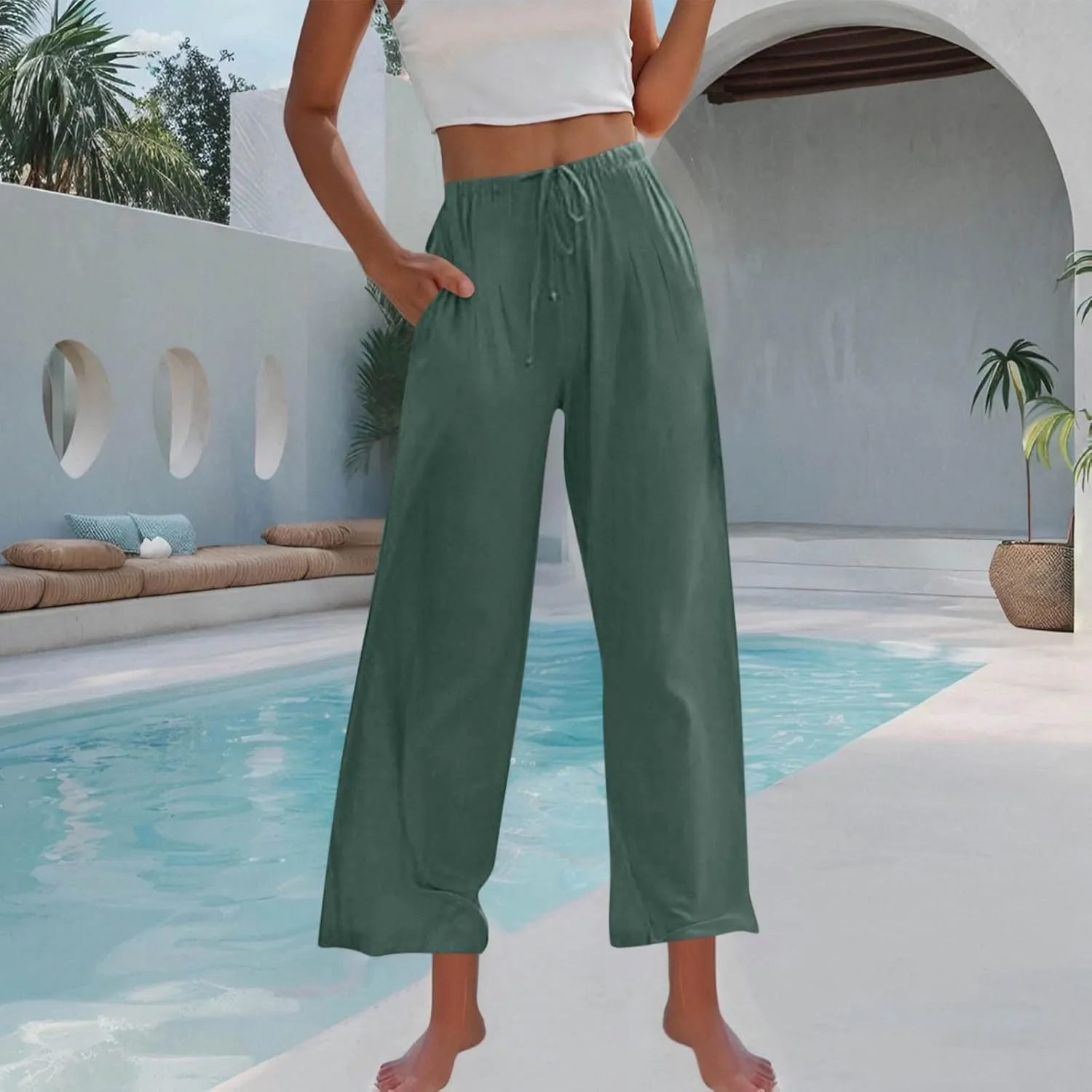 Womens Linen Wide Leg Pants Elastic High Waist Casual Pant Drawstring Loose Flowy Palazzo Trousers with Pockets