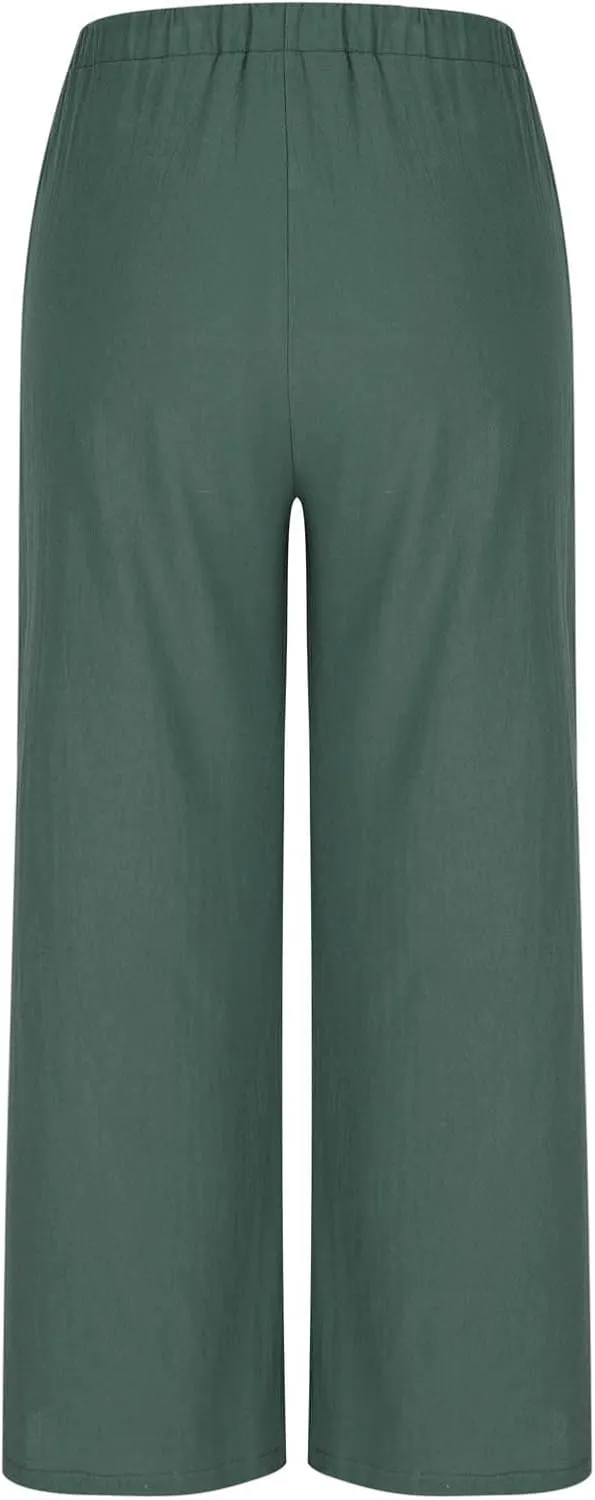 Womens Linen Wide Leg Pants Elastic High Waist Casual Pant Drawstring Loose Flowy Palazzo Trousers with Pockets
