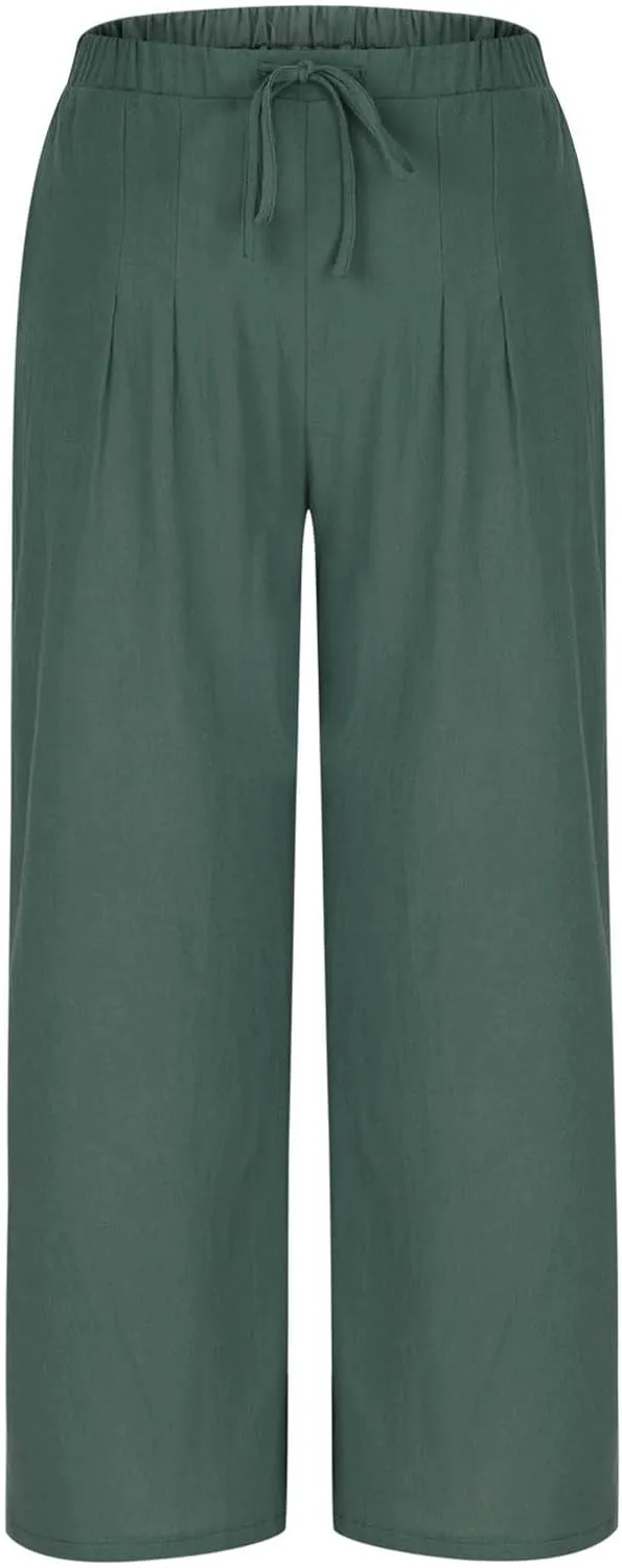 Womens Linen Wide Leg Pants Elastic High Waist Casual Pant Drawstring Loose Flowy Palazzo Trousers with Pockets