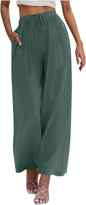 Womens Linen Wide Leg Pants Elastic High Waist Casual Pant Drawstring Loose Flowy Palazzo Trousers with Pockets