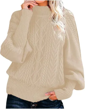 Women's Long Lantern Sleeve Turtleneck Sweater Cable Knit Pullover Casual Chunky Sweaters Fall Loose Jumper Tops