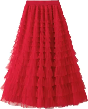 Women's Long Maxi Tulle Skirts High Waisted Tiered Layered Midi Skirt Ruffle A Line Skirt Mesh Tutu Skirt Petticoat