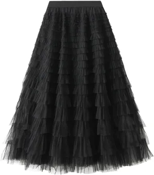 Women's Long Maxi Tulle Skirts High Waisted Tiered Layered Midi Skirt Ruffle A Line Skirt Mesh Tutu Skirt Petticoat