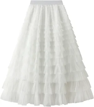 Women's Long Maxi Tulle Skirts High Waisted Tiered Layered Midi Skirt Ruffle A Line Skirt Mesh Tutu Skirt Petticoat