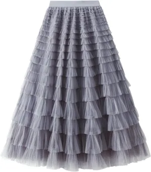 Women's Long Maxi Tulle Skirts High Waisted Tiered Layered Midi Skirt Ruffle A Line Skirt Mesh Tutu Skirt Petticoat