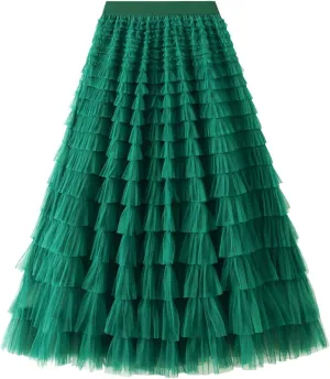 Women's Long Maxi Tulle Skirts High Waisted Tiered Layered Midi Skirt Ruffle A Line Skirt Mesh Tutu Skirt Petticoat
