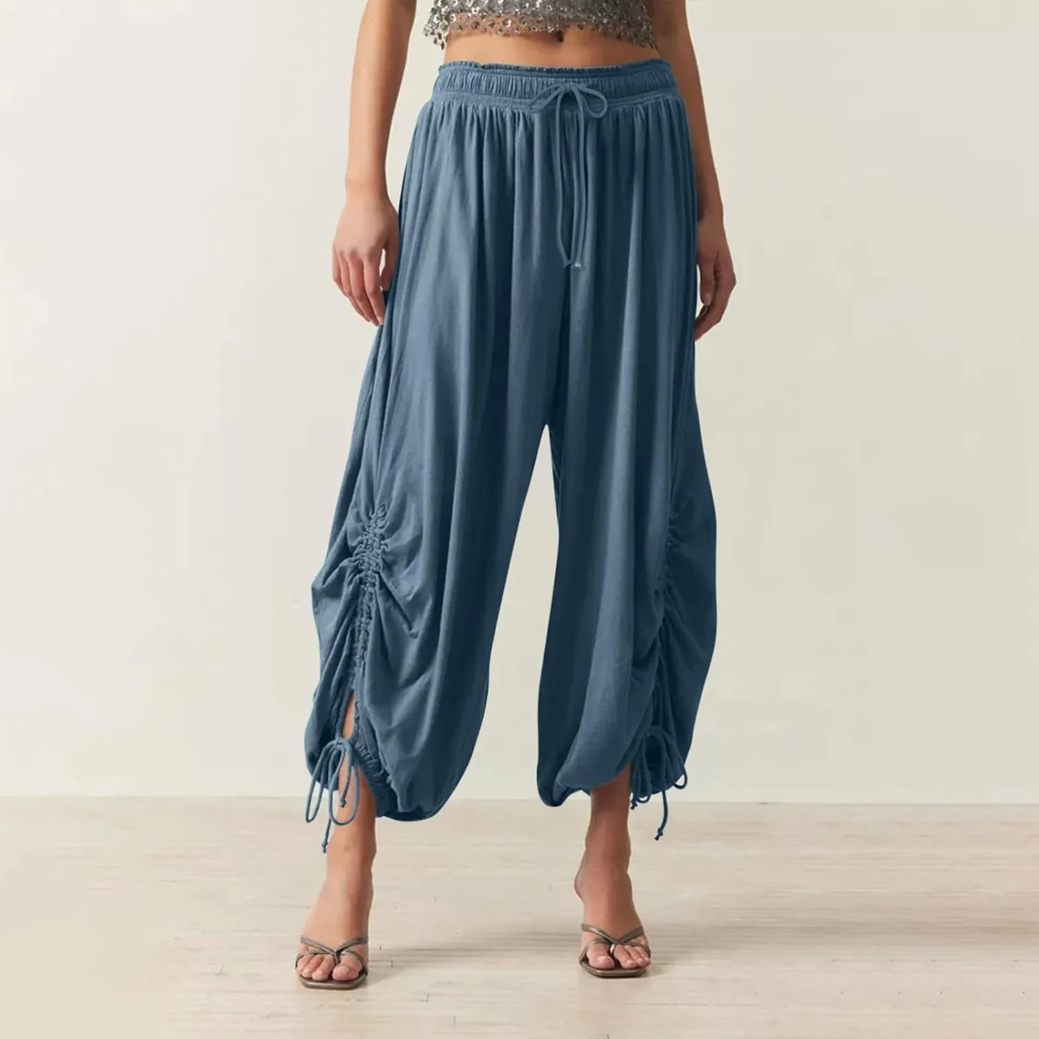 Womens Loose Wide Leg Pants Drawstring Split Hem Palazzo Pants Elastic High Waist Cropped Pants Pleated Trousers