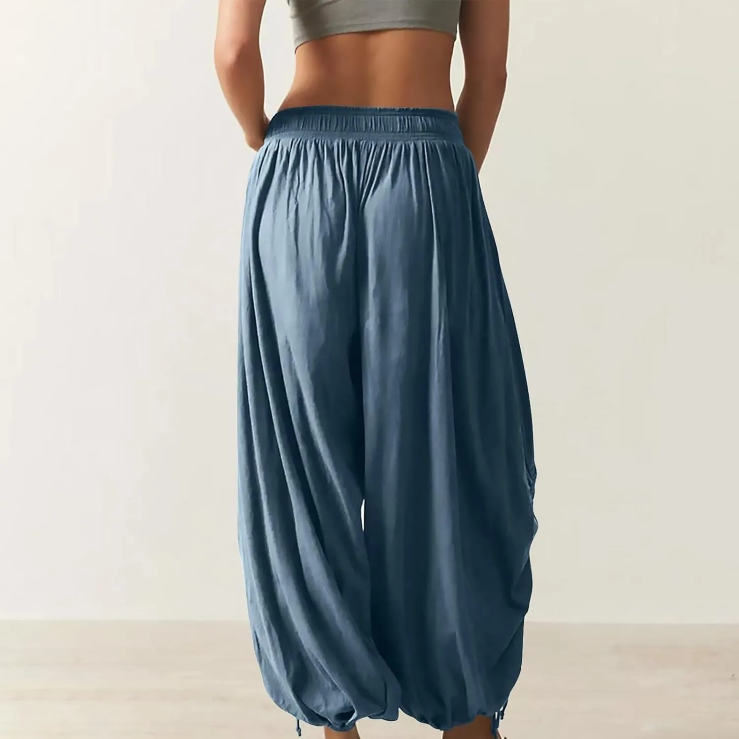 Womens Loose Wide Leg Pants Drawstring Split Hem Palazzo Pants Elastic High Waist Cropped Pants Pleated Trousers