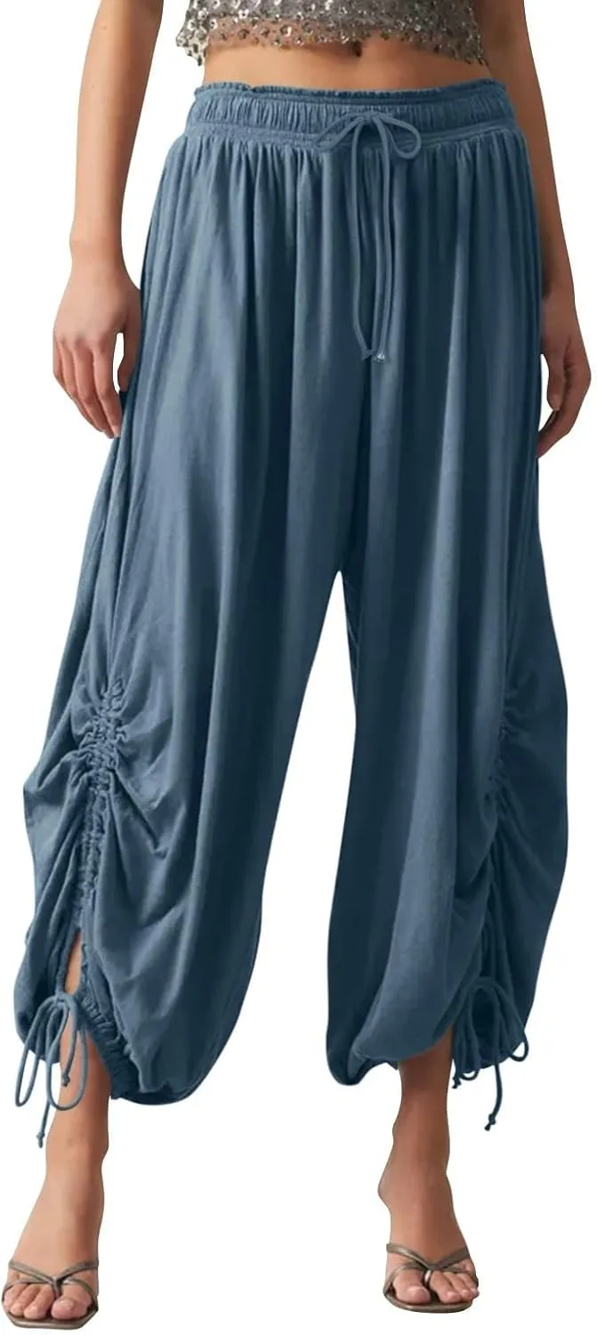 Womens Loose Wide Leg Pants Drawstring Split Hem Palazzo Pants Elastic High Waist Cropped Pants Pleated Trousers