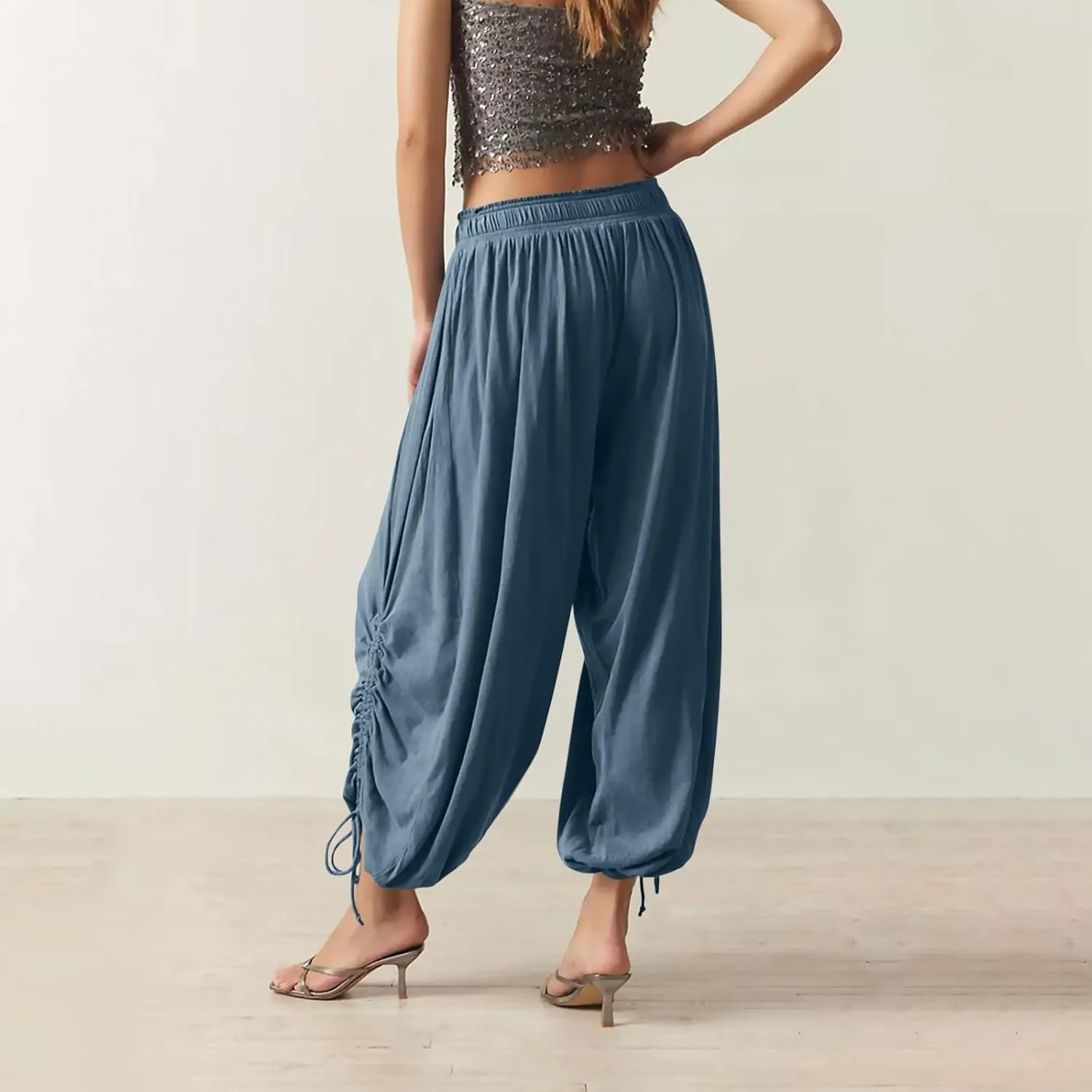 Womens Loose Wide Leg Pants Drawstring Split Hem Palazzo Pants Elastic High Waist Cropped Pants Pleated Trousers