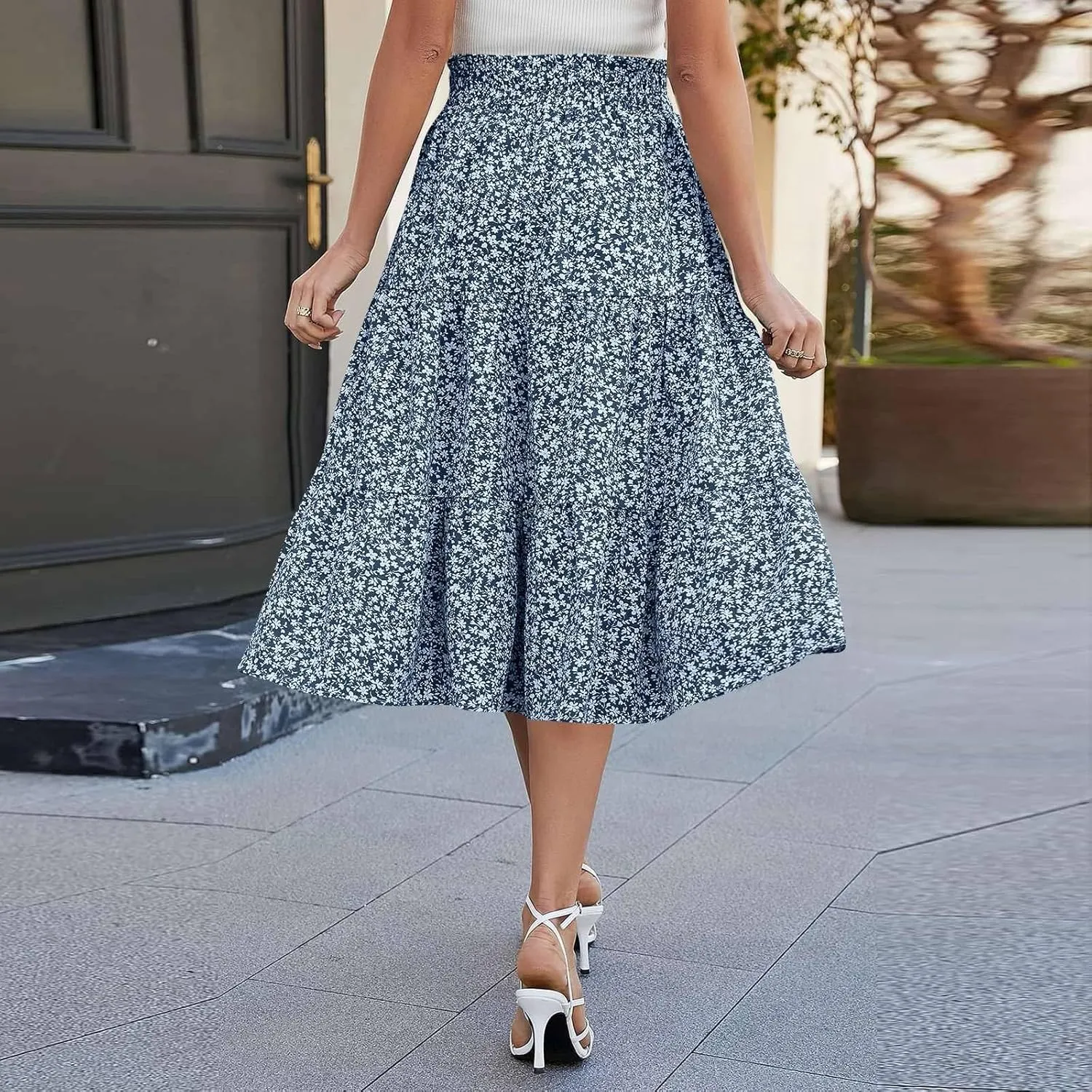 Women's Maxi Skirt 2025 Casual Loose Trendy Elastic Waist Floral Print Bohemian Sun A-Line Beach Skirts, S-XL