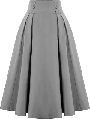 Womens Midi Skirts Vintage High Waist Business Casual Office Wear to Work Pleated A-Line Flared Long Skirt Dresses