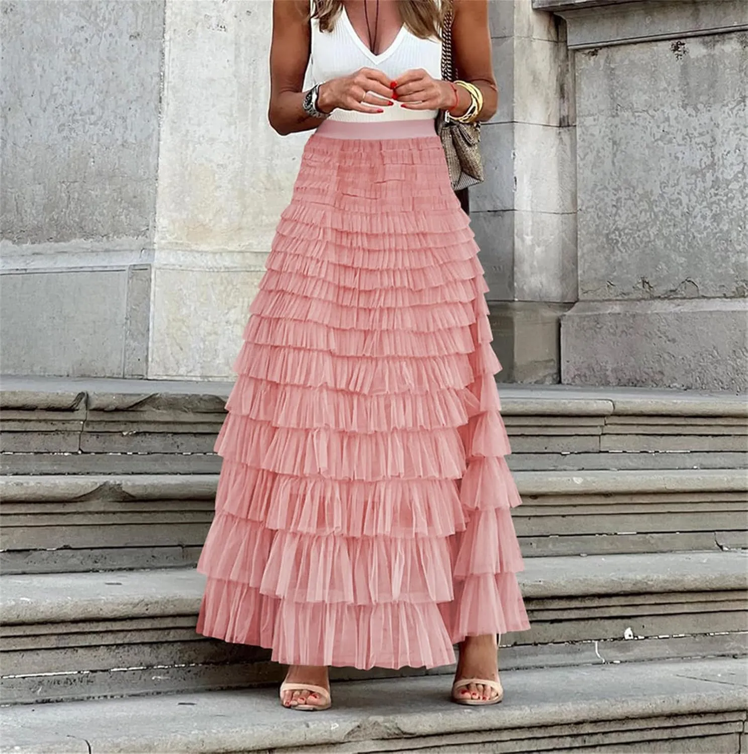 Womens Multilayer Ruffles Tulle Skirt Sweet Elastic High Waist A Line Fairy Tiered Skirt Party Cake Puffy Maxi Skirts