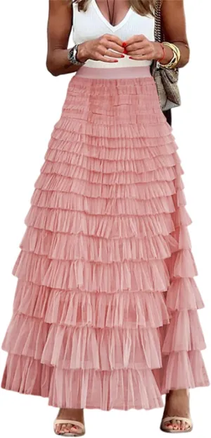 Womens Multilayer Ruffles Tulle Skirt Sweet Elastic High Waist A Line Fairy Tiered Skirt Party Cake Puffy Maxi Skirts