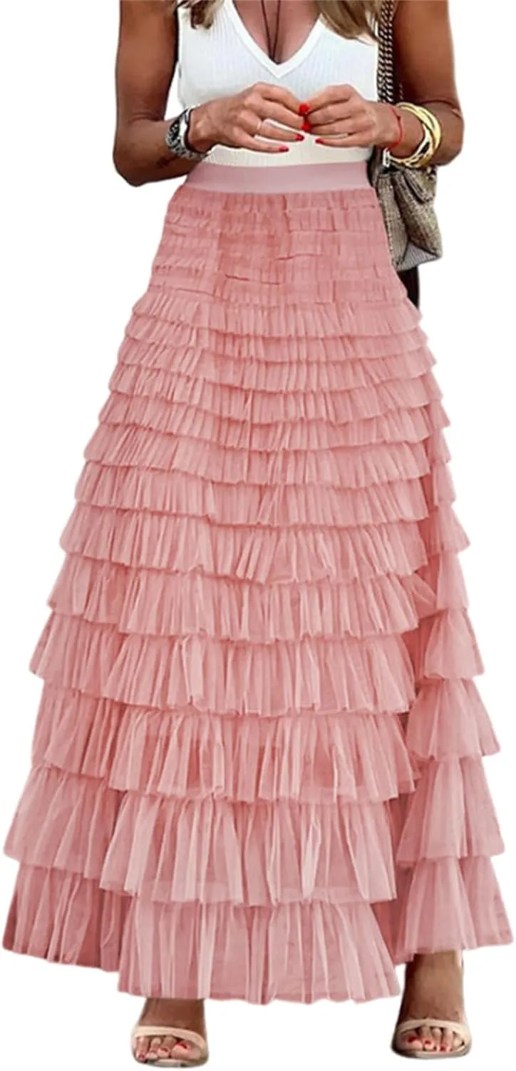 Womens Multilayer Ruffles Tulle Skirt Sweet Elastic High Waist A Line Fairy Tiered Skirt Party Cake Puffy Maxi Skirts