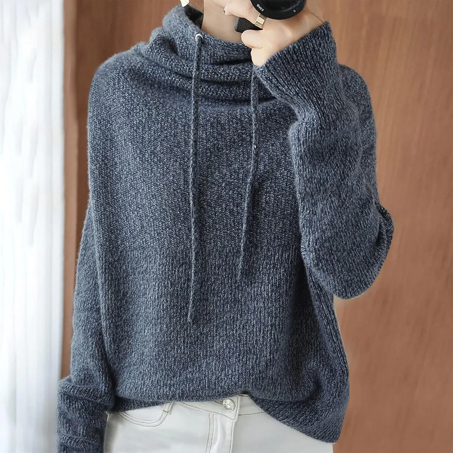 Womens Oversized Turtleneck Drawstring Pullover Sweaters Chunky Knit Long Sleeve Sweater Tops Casual Loose Fit Jumper